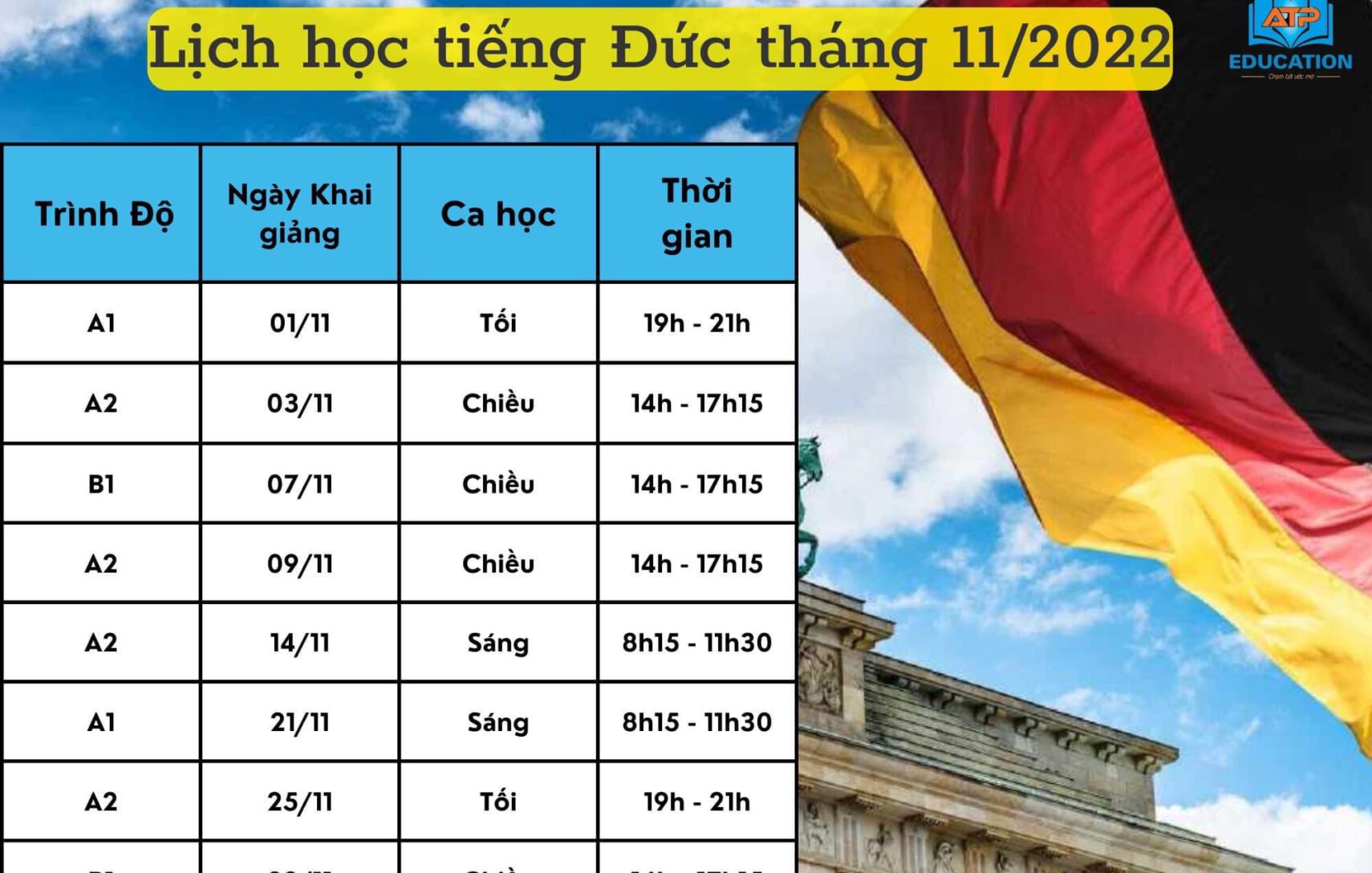 LỊCH HỌC CÁC LỚP TIẾNG ĐỨC THÁNG 11