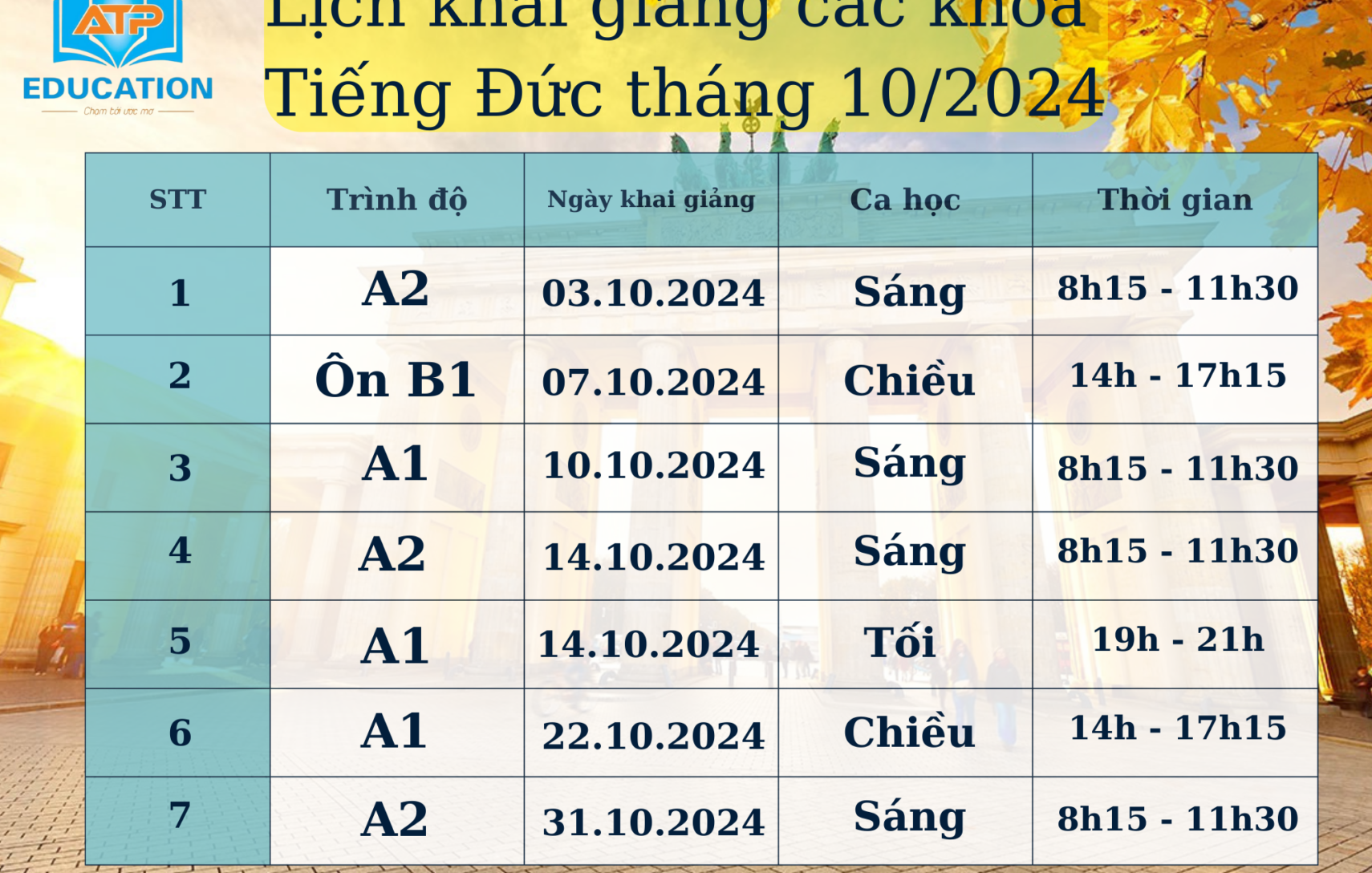 ???? ATP THÔNG BÁO LỊCH KHAI GIẢNG CÁC KHOÁ TIẾNG ĐỨC THÁNG 10/2024 ????????